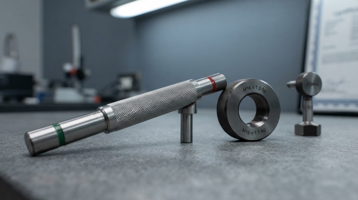 A tidy diagonal row of hard gauges — a go/no-go plug gauge, a thread ring gauge and a plug gauge — on a neutral inspection bench
