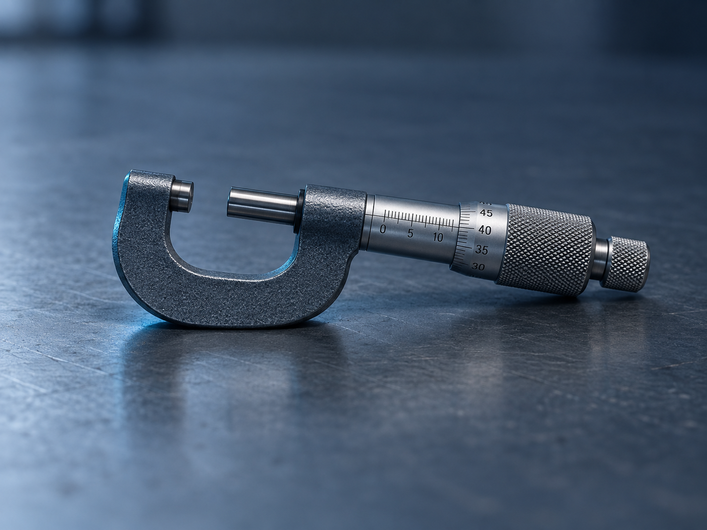 A single precision micrometer alone on a neutral blue-slate workbench under cool controlled light, awaiting inspection