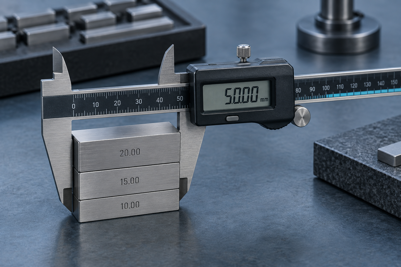 A digital caliper measuring a wrung stack of gauge blocks on a neutral blue-slate bench, macro detail on the scale and steel
