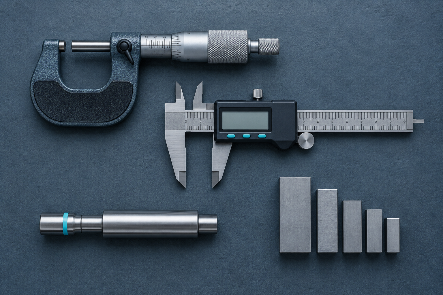 Precision instruments — micrometer, caliper, pin gauge and gauge blocks — arranged in a neat aligned grid on a blue-slate bench, viewed from above