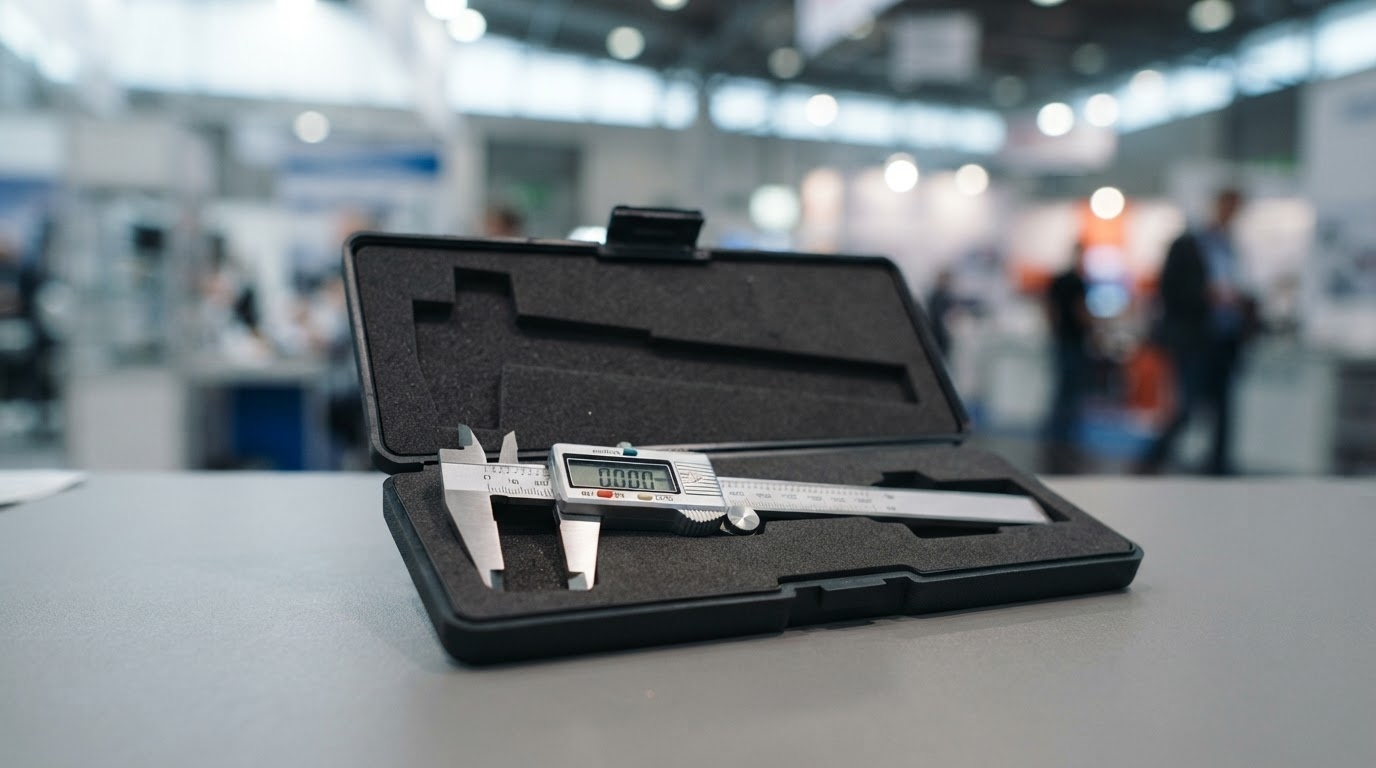 A brand-new digital caliper resting in its foam-lined case on a matte inspection bench, a blurred exhibition hall behind it