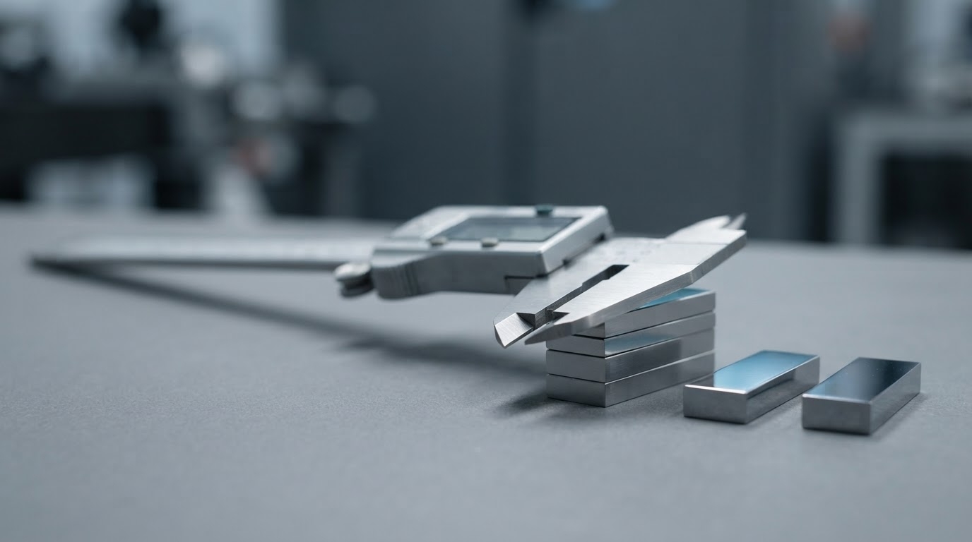 The jaws of a digital caliper closed on a stack of precision gauge blocks on a matte inspection bench