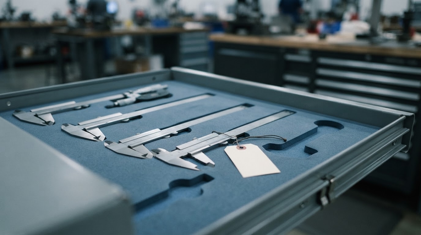 An organized gauge-crib foam drawer of calipers and a micrometer, one caliper carrying a small blank ID tag