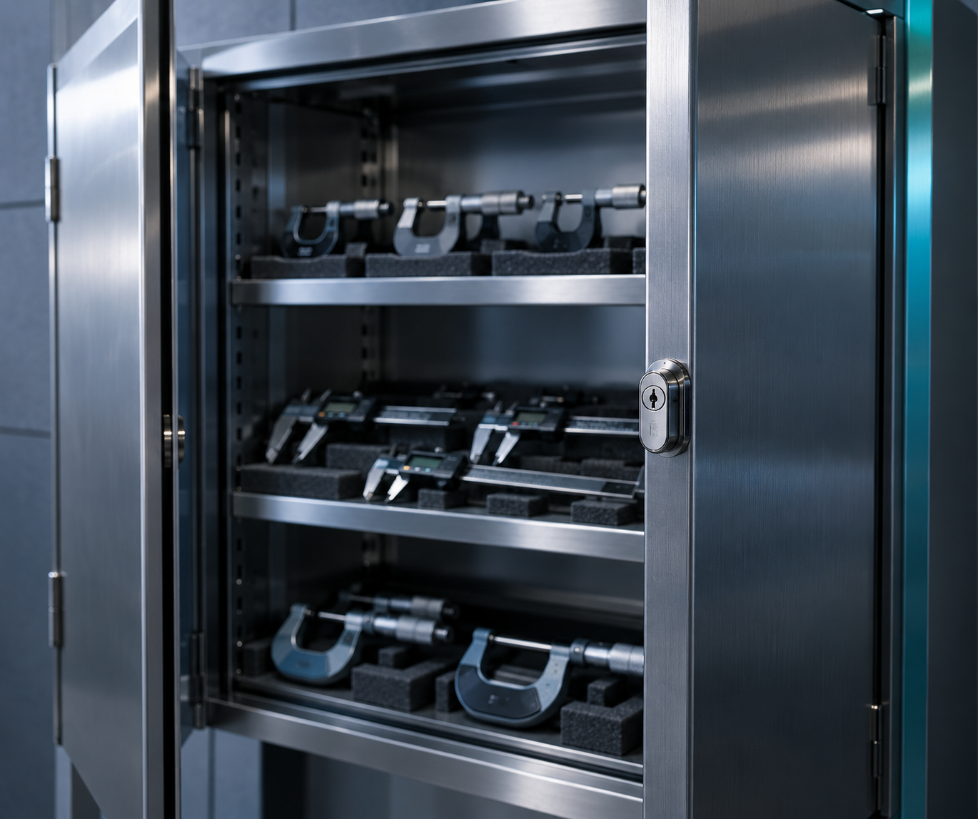 A stainless-steel instrument cabinet with its doors open, precision micrometers and calipers on the shelves and a lock on the door edge