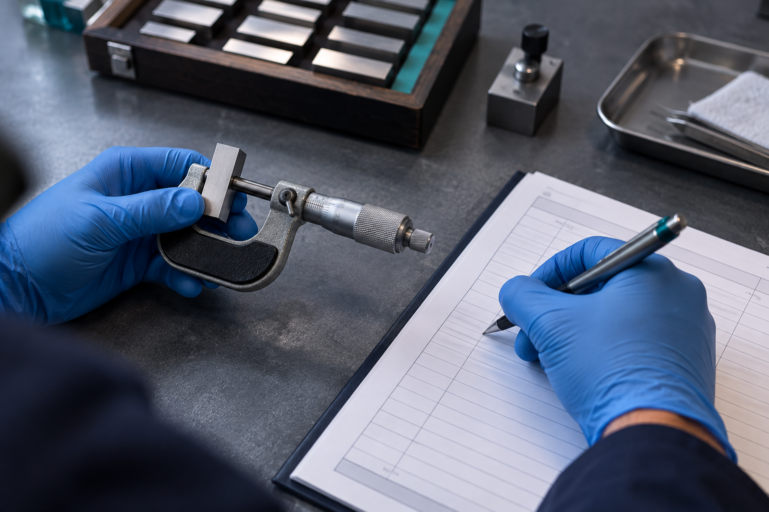 Gloved hands recording an as-found result on a blank record sheet beside a micrometer and a gauge block on a slate bench
