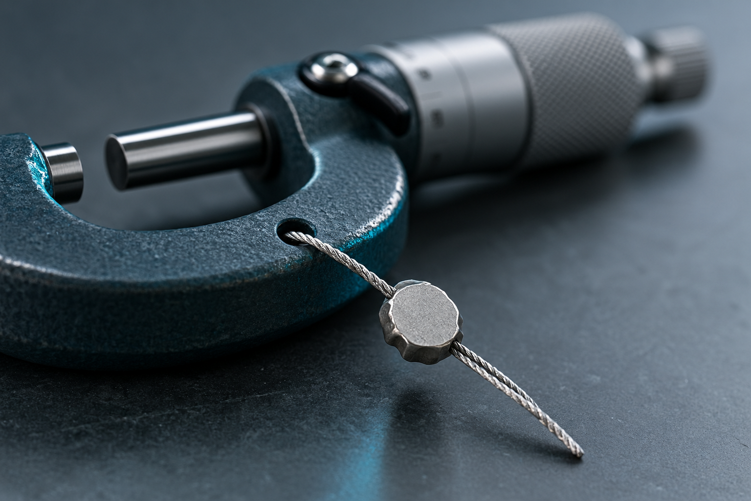 Macro view of a precision micrometer with a blank crimped tamper-evident wire seal, symbolising record integrity