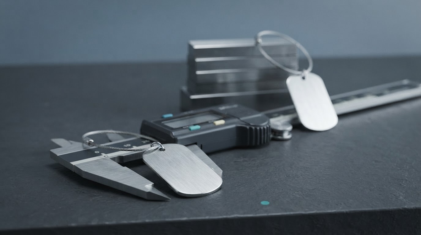 A digital caliper and a stack of gauge blocks on a workbench, each carrying a small blank metal identification tag on a thin steel loop