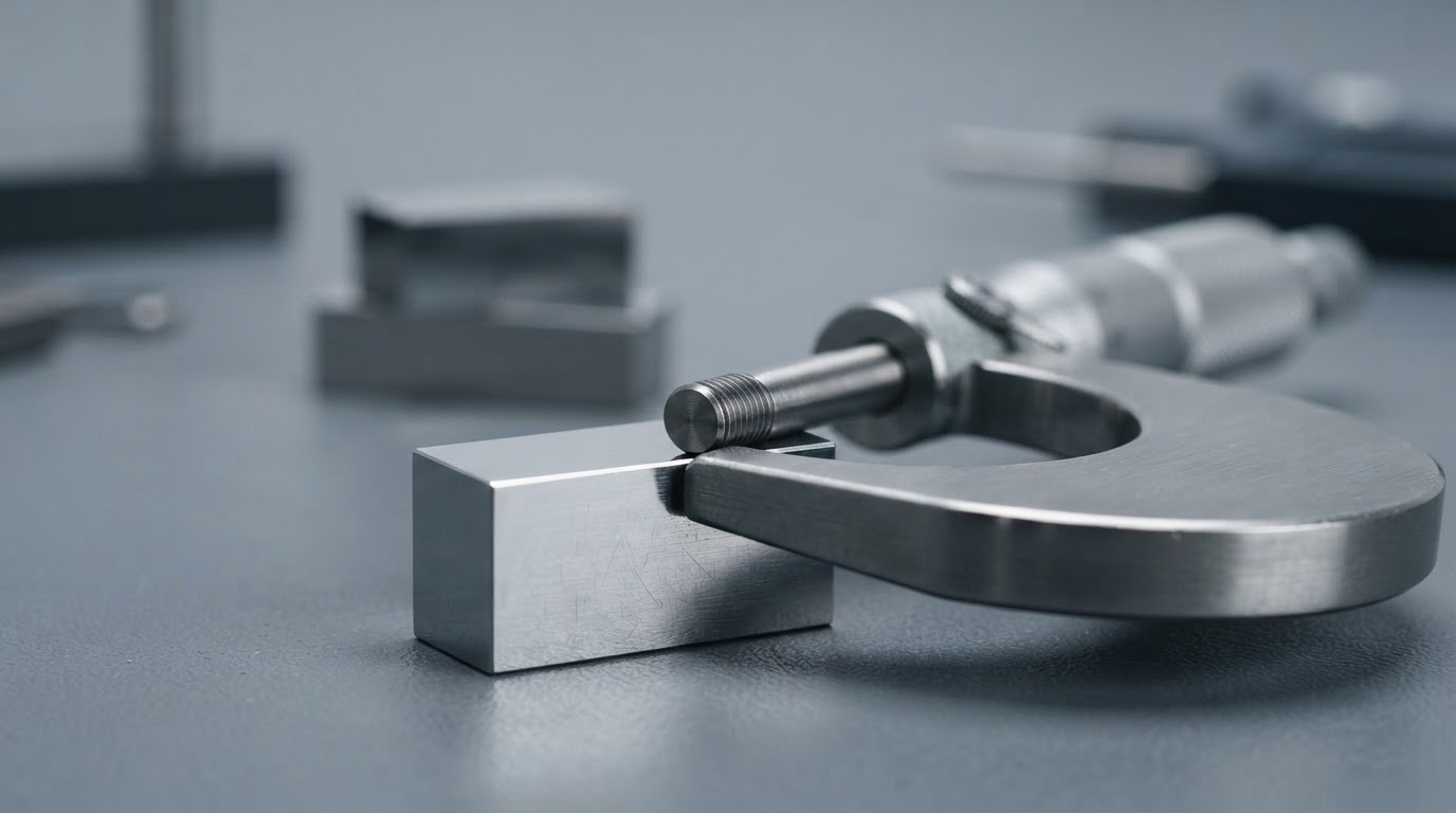 A micrometer closed onto a polished gauge block mid-verification, its contact point in sharp focus on a neutral bench