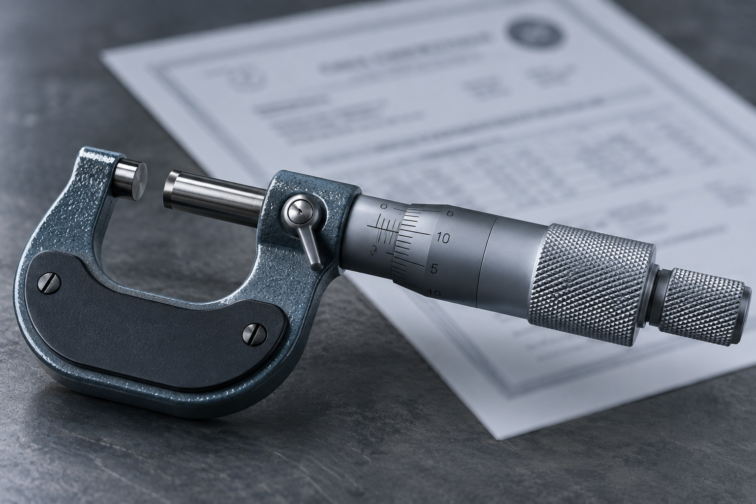 A precision micrometer in sharp focus resting on an out-of-focus calibration certificate on a slate workbench