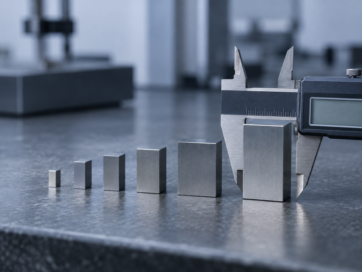 Gauge blocks and a digital caliper arranged for a calibration measurement on a slate workbench