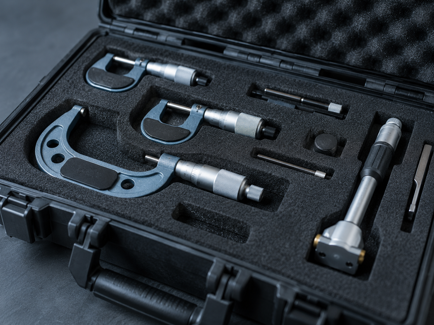 An open foam-lined case holding precision measuring instruments ready to move between plants