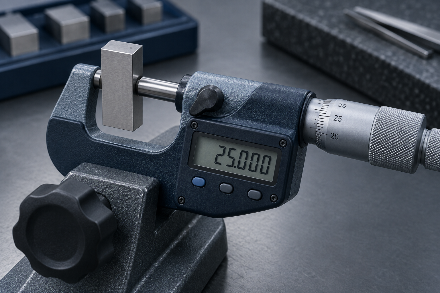 A digital micrometer clamped in a calibration fixture with its measuring faces closed on a gauge block