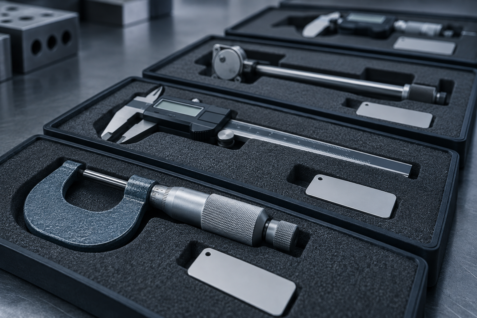 A row of calibrated micrometers, calipers and a bore gauge seated in fitted foam trays on a neutral workbench