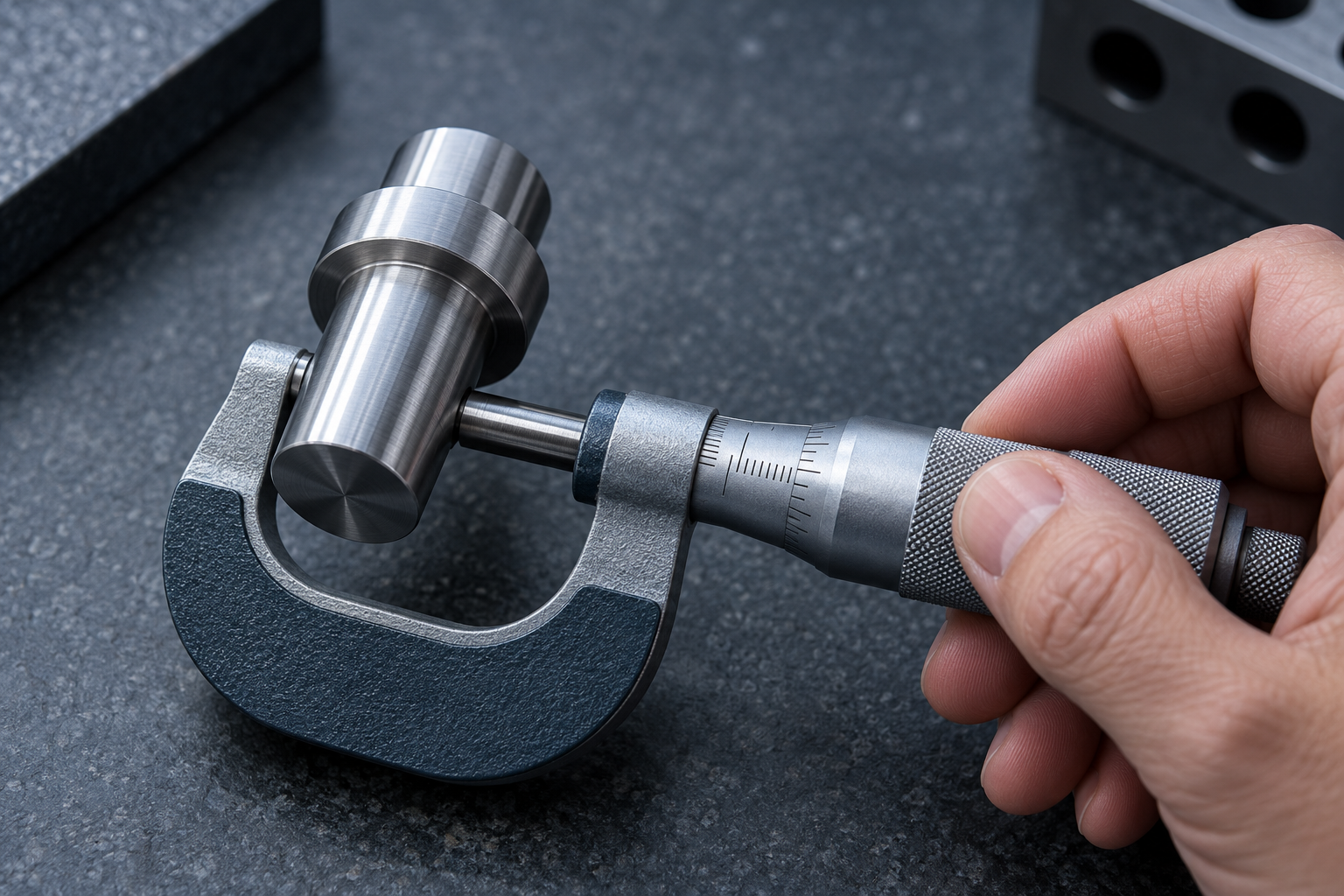 A hand holding a micrometer, measuring a precision-machined metal part on a workbench