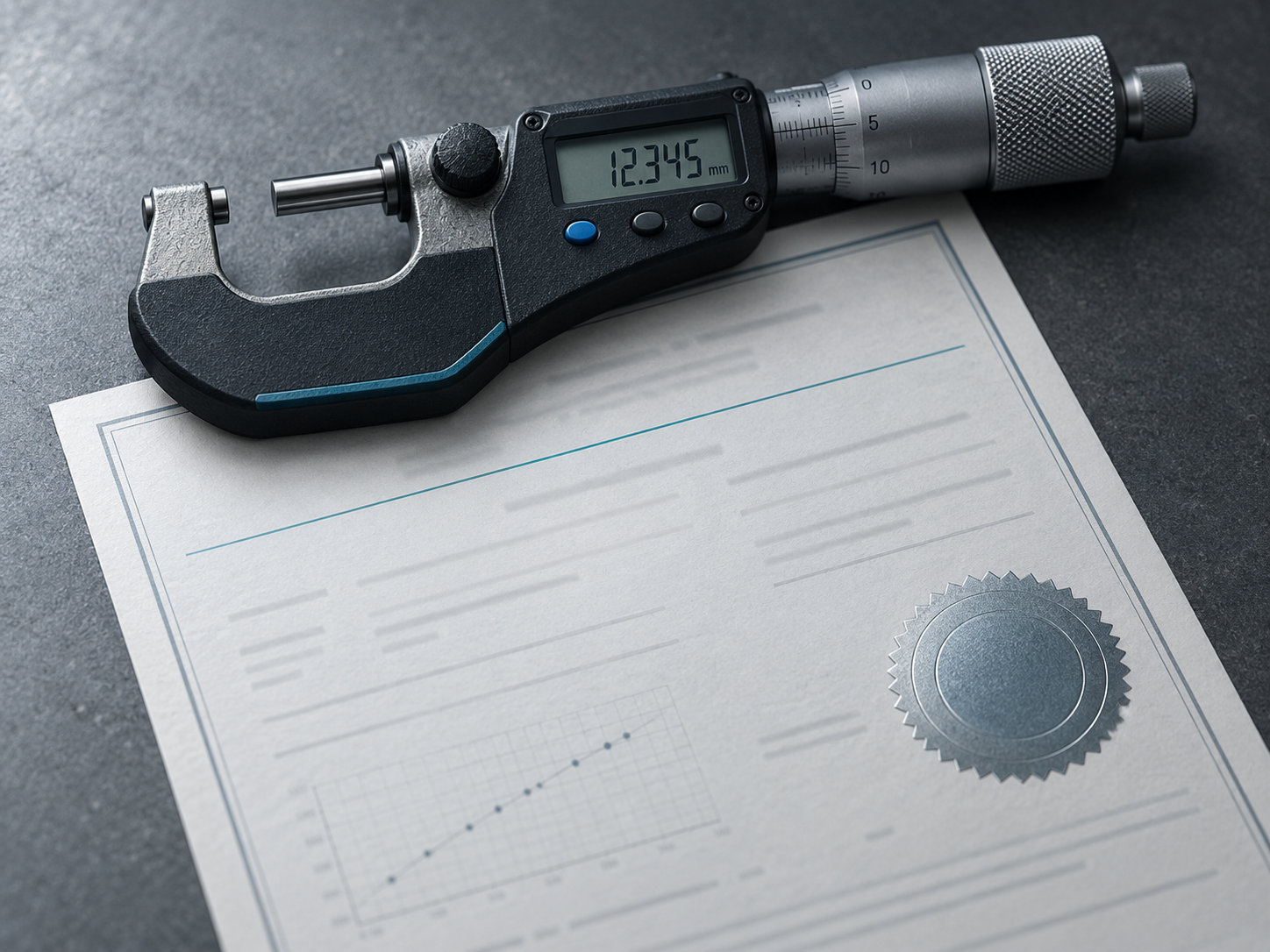 A formal calibration certificate with a foil seal on a slate workbench with a precision micrometer resting across it