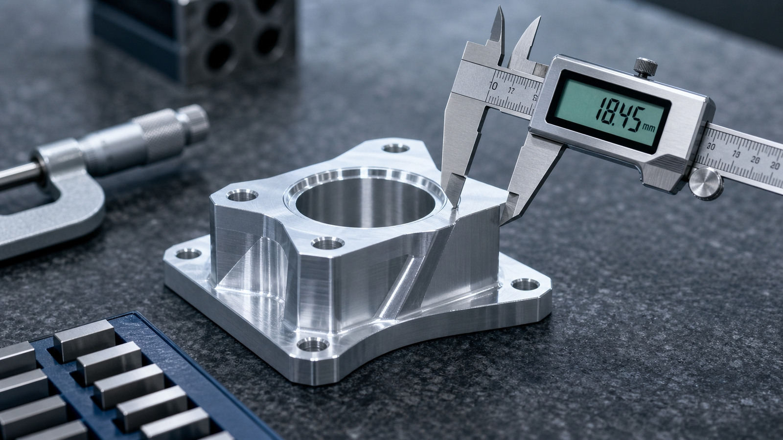A digital caliper measuring a precision-machined aluminium component on a granite surface plate during final inspection