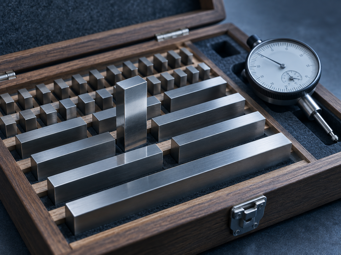 A set of precision steel gauge blocks in an open fitted case with a dial indicator, representing traceability to a reference standard