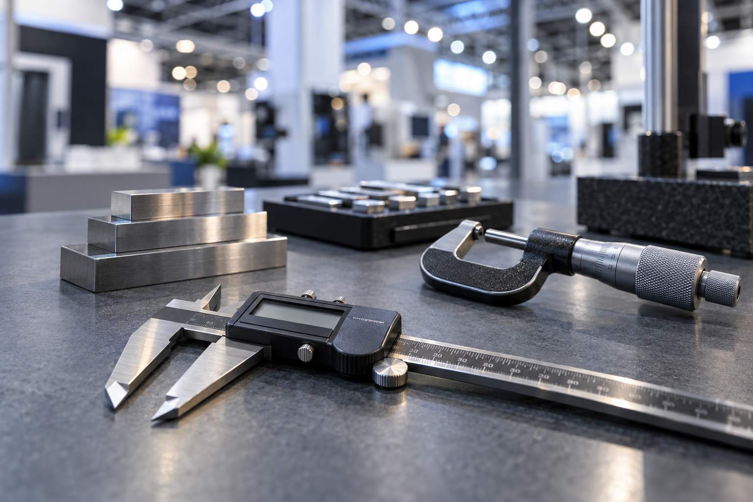 Precision measuring instruments — a digital caliper, micrometer and gauge blocks — on a neutral inspection bench with softly blurred exhibition booth lighting behind