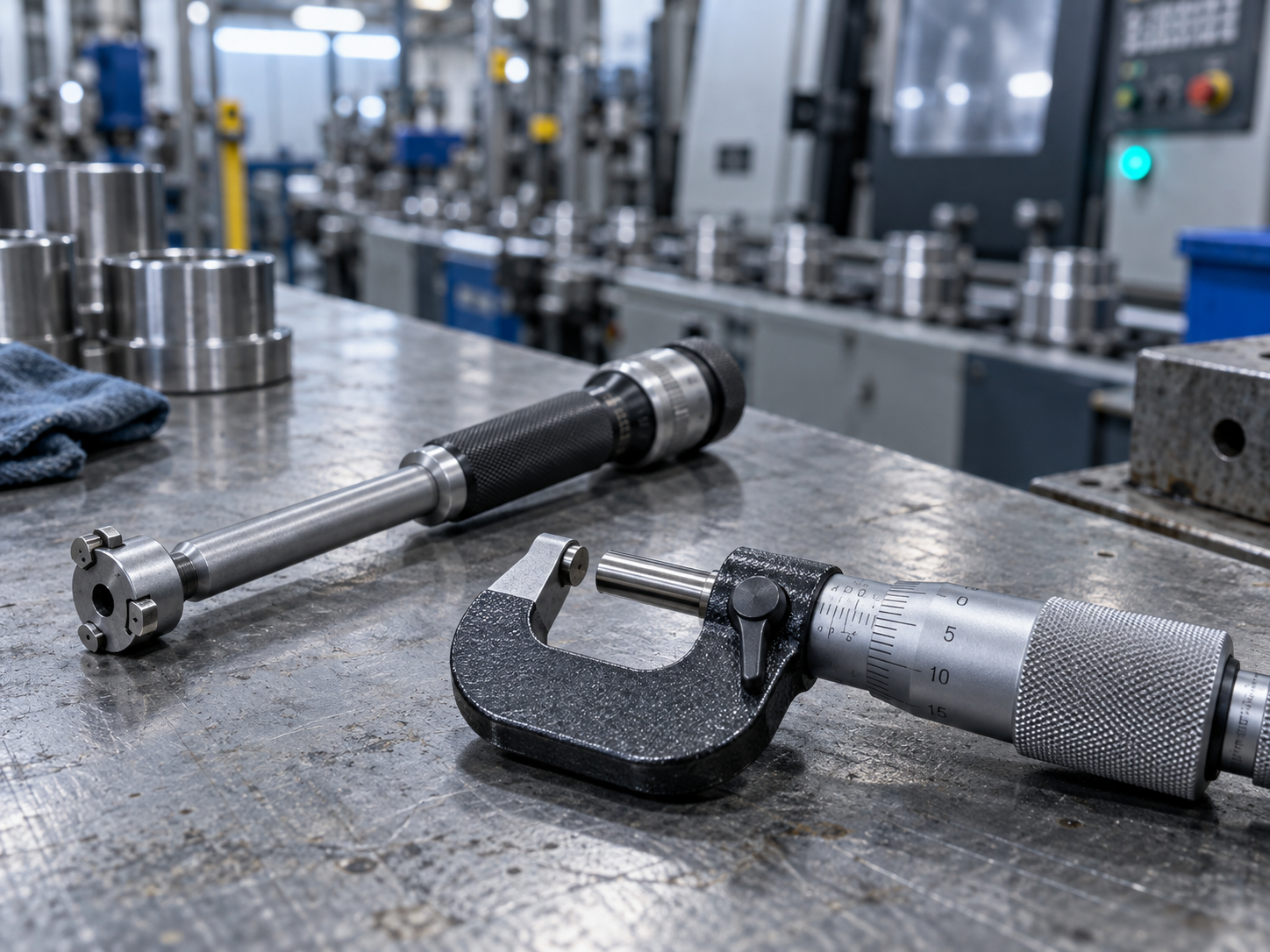 A precision bore gauge and micrometer resting on a steel workbench beside a production line, shop-floor machinery blurred behind