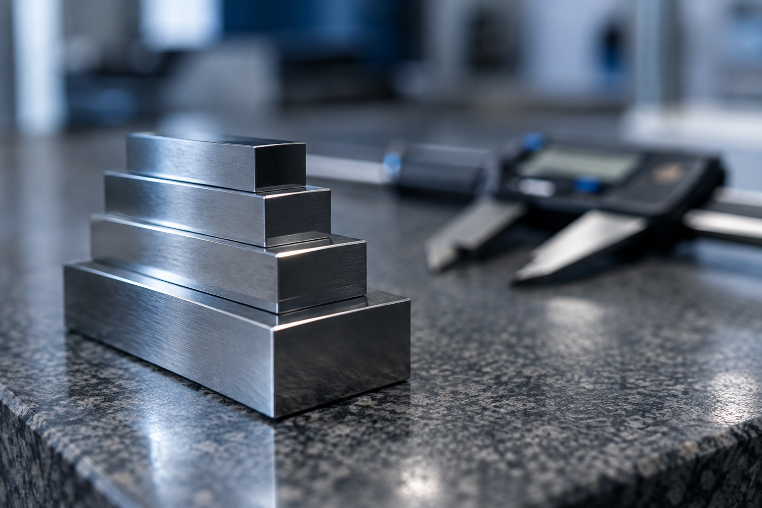 Macro view of a precise stack of wrung steel gauge blocks on a granite surface plate, a caliper blurred behind, evoking a traceability chain