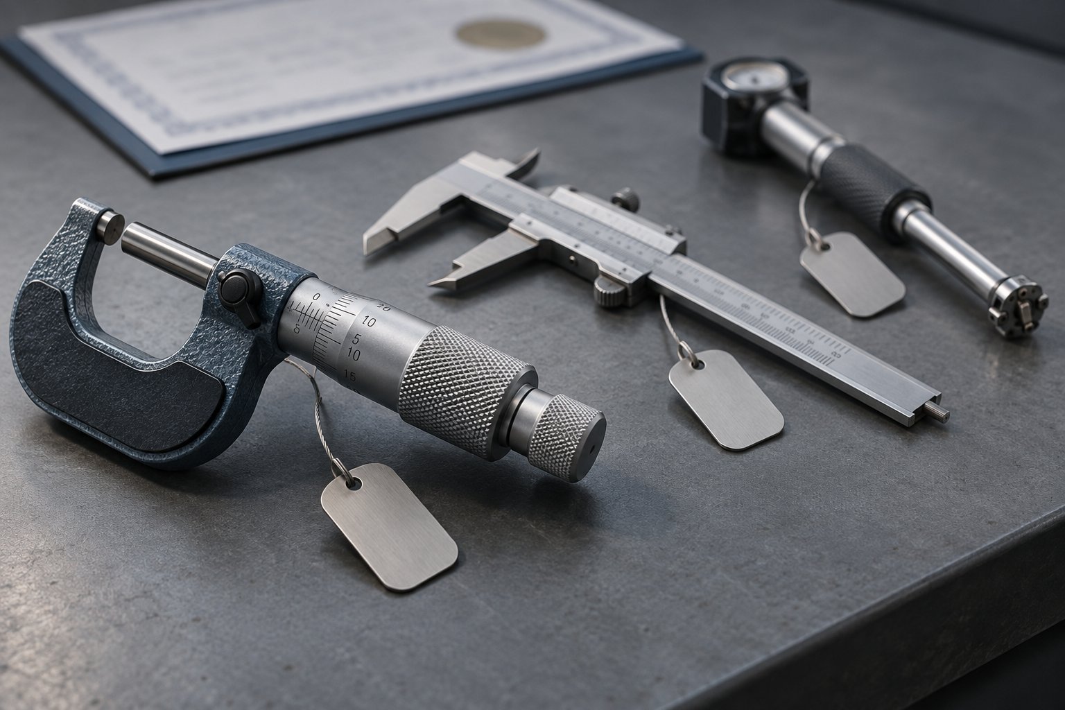 Three precision measuring instruments laid out in a row on a slate-grey workbench with blank calibration status tags beside each