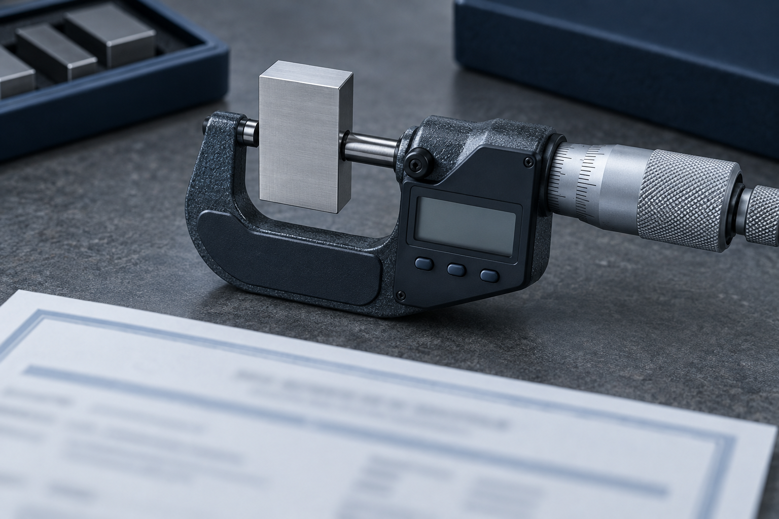 A gauge block between the measuring faces of a micrometer beside the edge of a calibration certificate on a neutral workbench