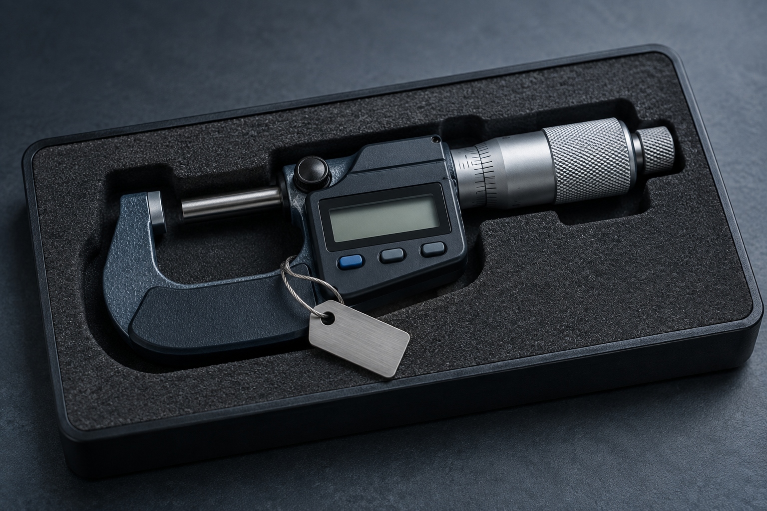 A single micrometer isolated in a fitted foam tray on a clean workbench with a blank identification tag beside it