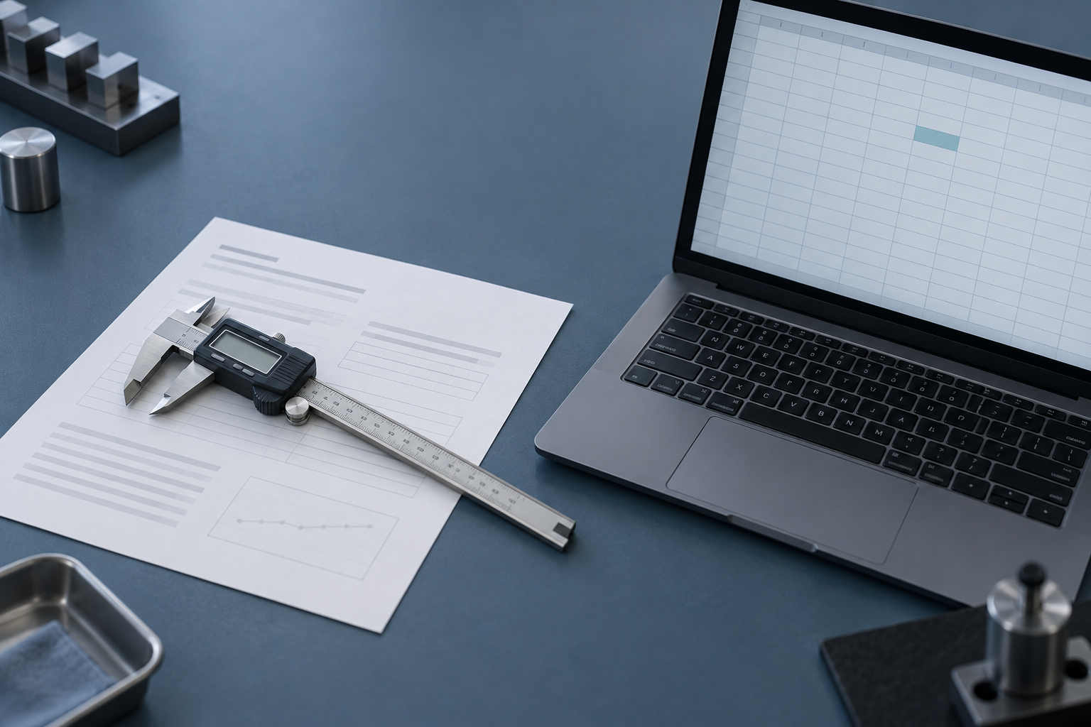 A digital caliper resting on a printed calibration certificate beside a laptop showing an empty spreadsheet grid on a blue-slate inspection bench