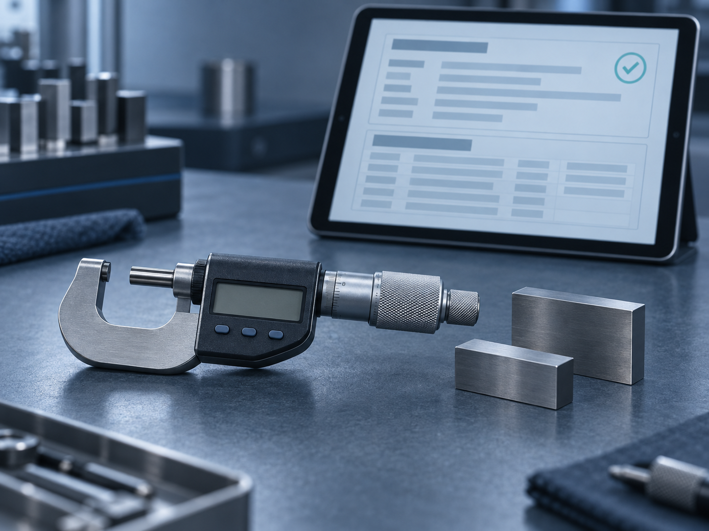 A digital micrometer and gauge blocks in front of a tablet showing an abstract structured-data certificate layout with a small verified-signature seal