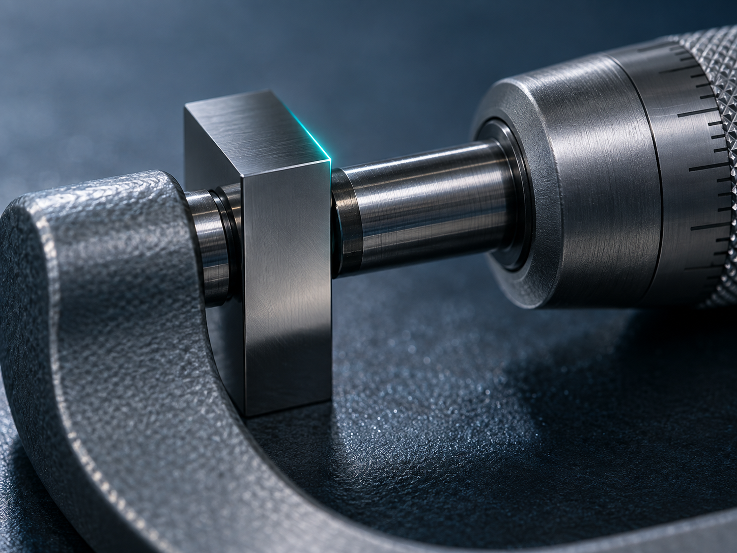 Extreme macro of a digital micrometer closed on a polished gauge block with a single teal accent glint, suggesting an exact, verified measurement