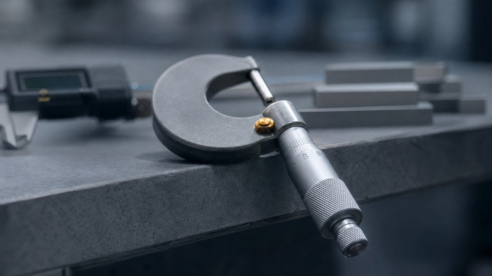 A precision micrometer tilted at the edge of a workbench as if just knocked off — the moment a gauge becomes suspect.