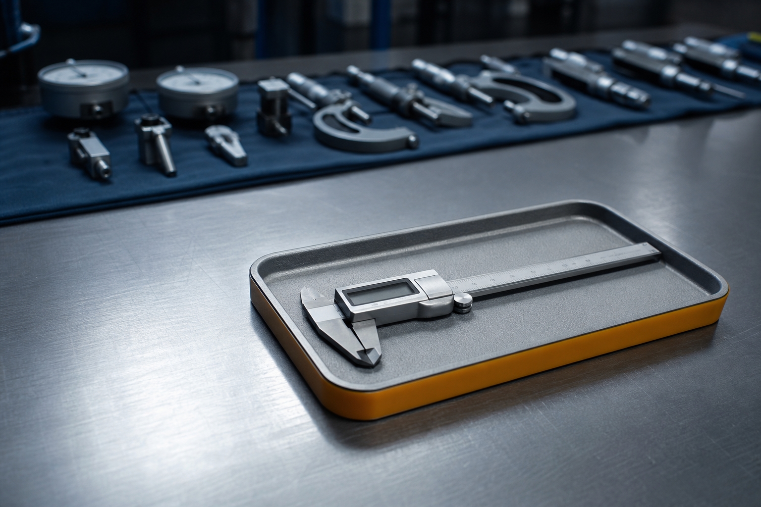 A single caliper isolated on a separate tray, set apart from the row of in-service instruments — physical quarantine.