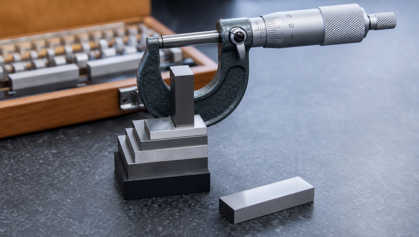 A micrometer being re-verified over a stack of gauge blocks against a reference standard — the as-found check.