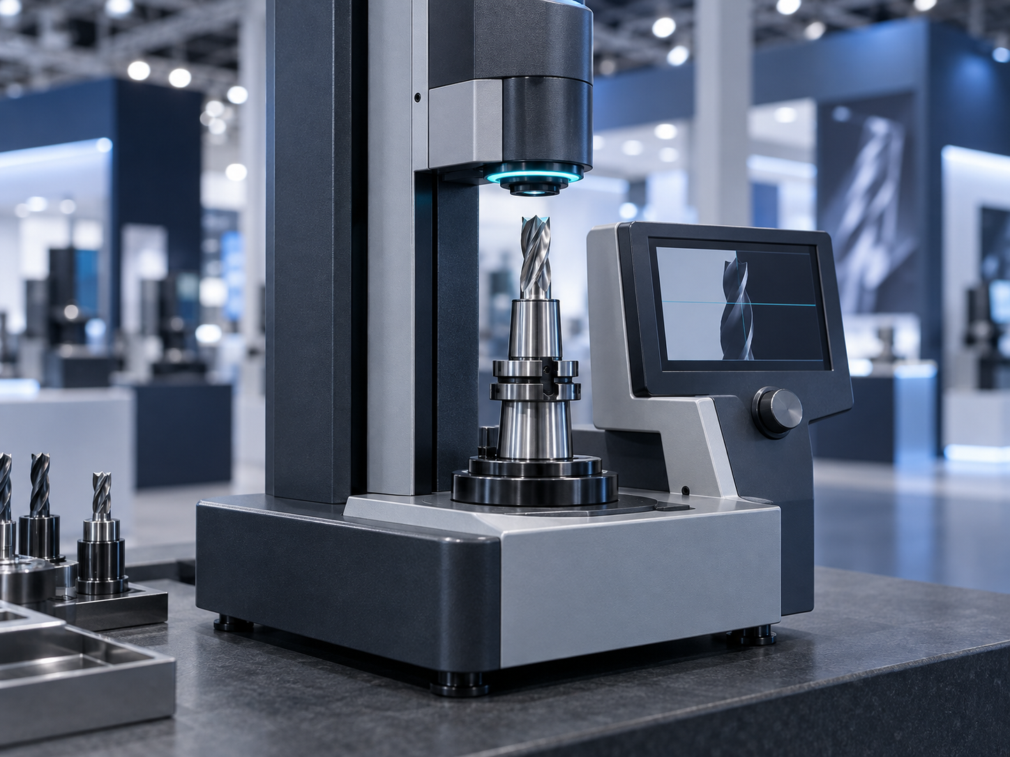An optical tool presetter with a cutting tool in its holder on a slate-grey inspection bench in a trade-show hall
