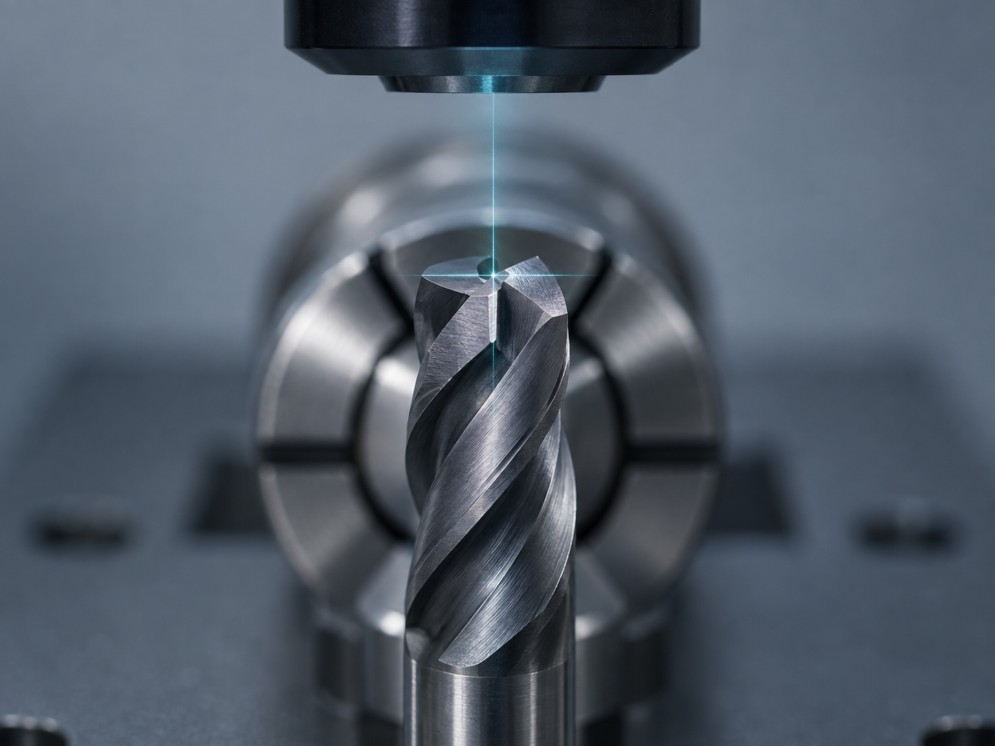 Macro of a carbide end mill's cutting edge under an optical measuring head's faint crosshair projection