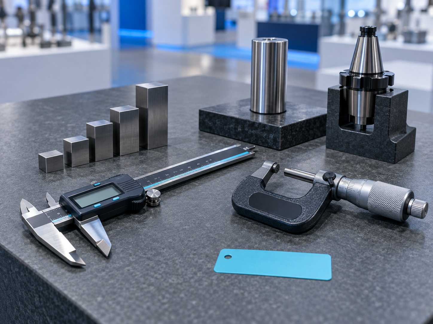 Reference gauge blocks, a caliper and a micrometer arranged on a neutral inspection bench beside a plain calibration tag