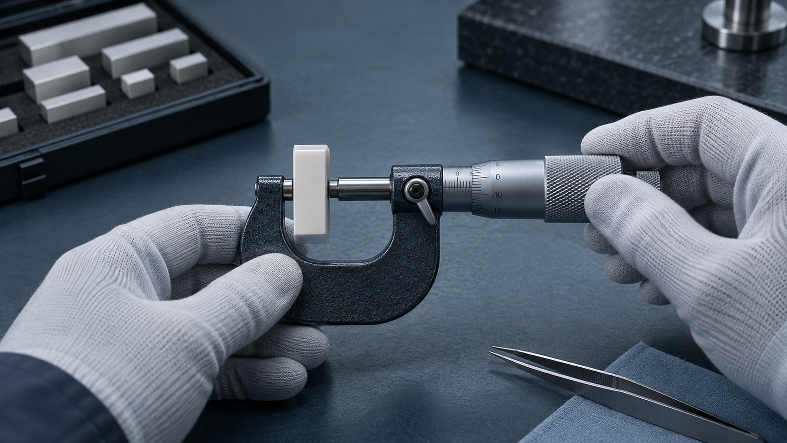 Gloved hands closing a micrometer spindle onto a ceramic gauge block used as a reference standard
