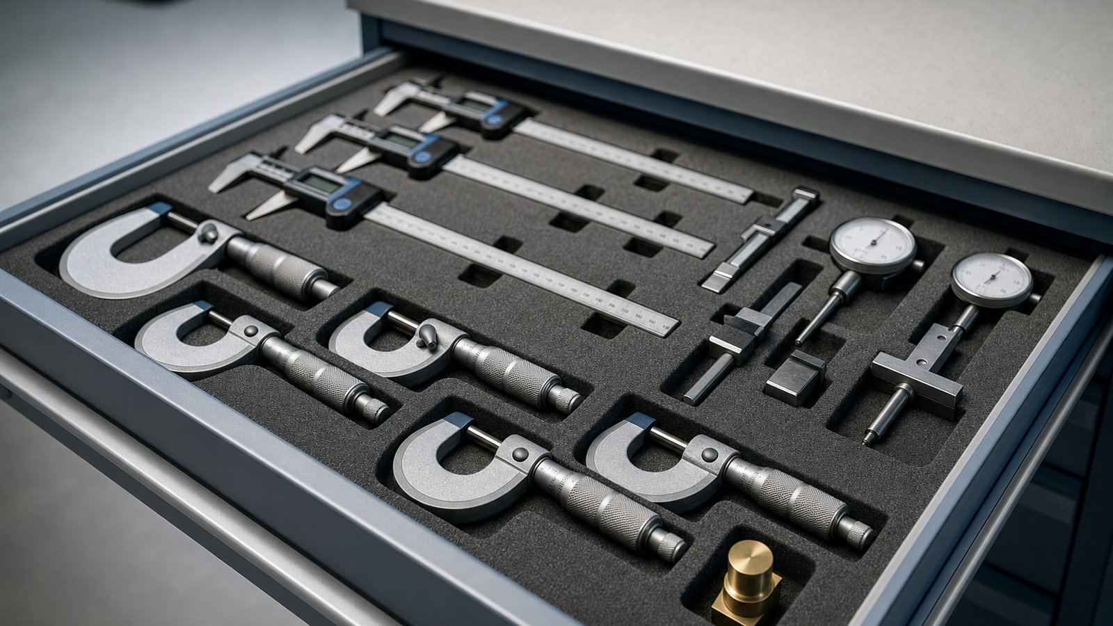 An open foam-lined drawer holding an orderly row of micrometers and calipers in a controlled lab
