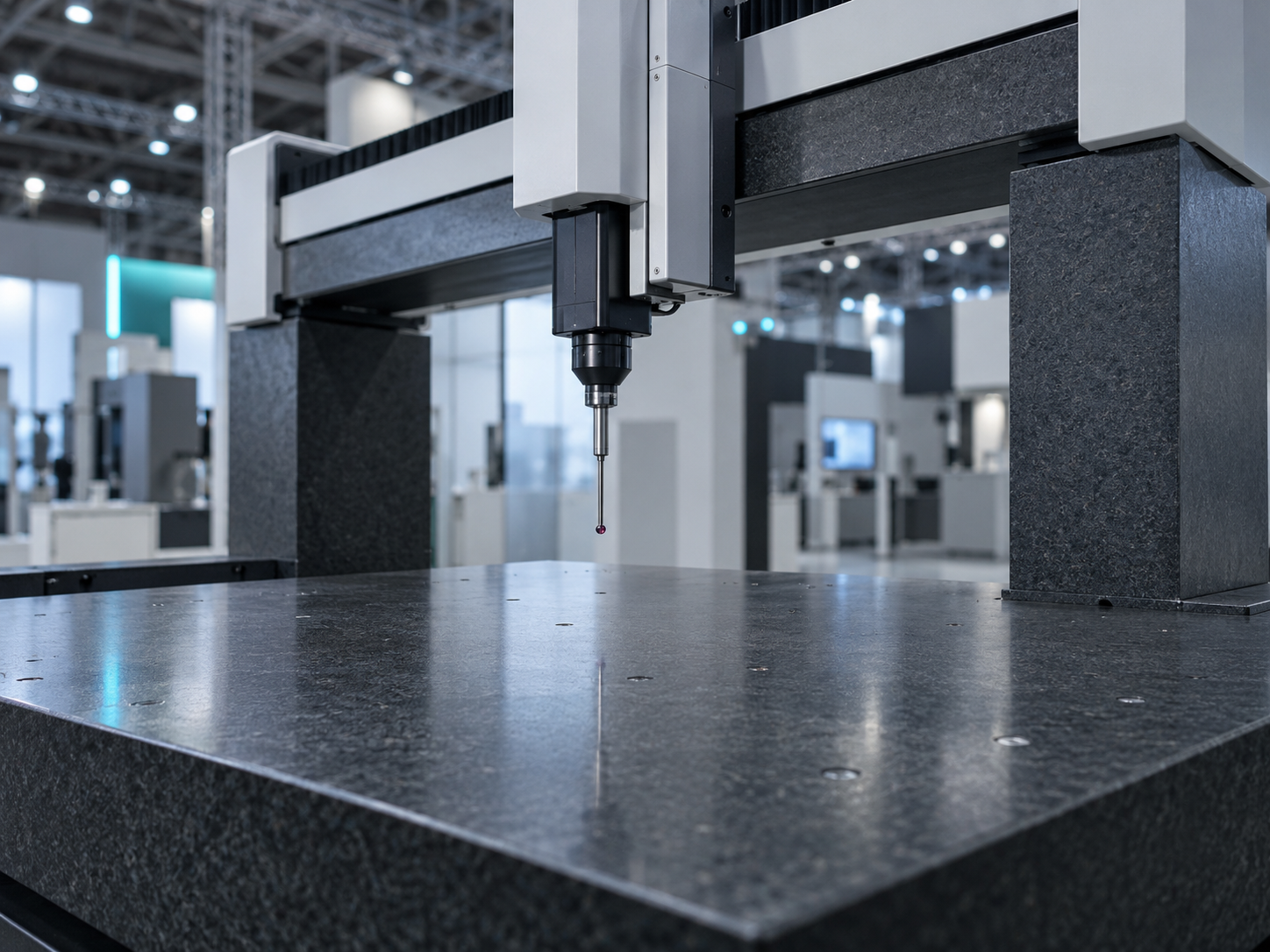 A preowned bridge coordinate measuring machine on its granite table in a bright trade-show hall