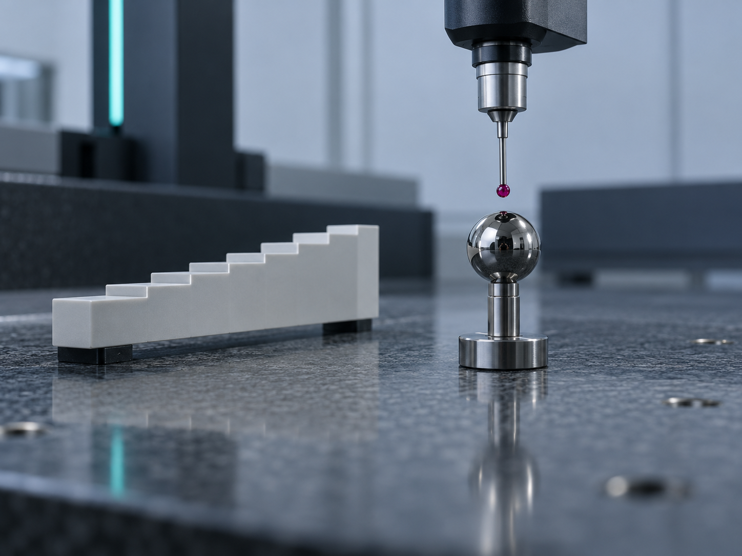 A calibrated reference sphere and step gauge on the CMM granite table during an acceptance verification