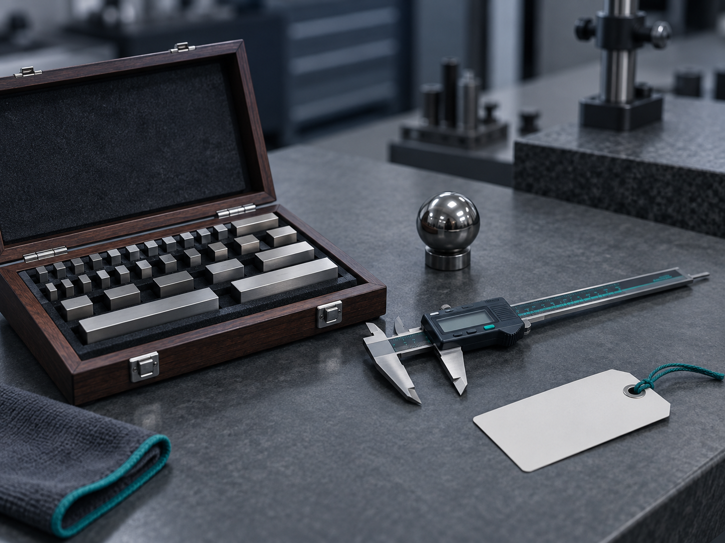 Gauge blocks, a caliper, a reference sphere and a blank calibration tag arranged on a slate-grey inspection bench