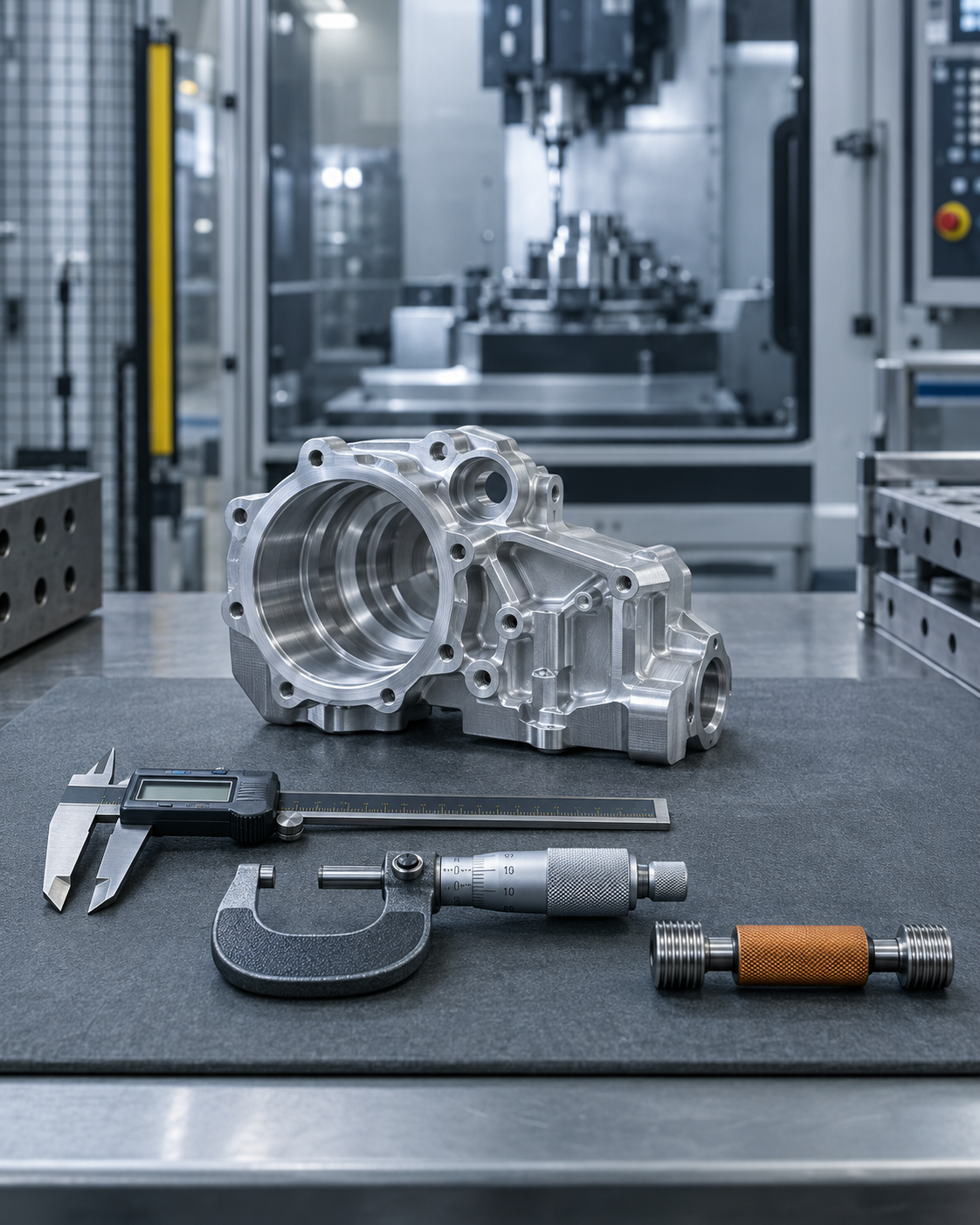 A digital caliper, outside micrometer and thread plug gauge on an inspection mat beside a machined aluminium housing at a machining cell
