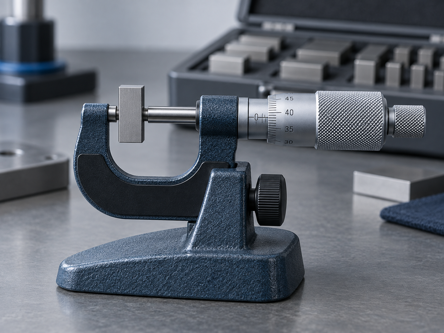 An outside micrometer in a stand with a gauge block between anvil and spindle, as-found check against a reference standard