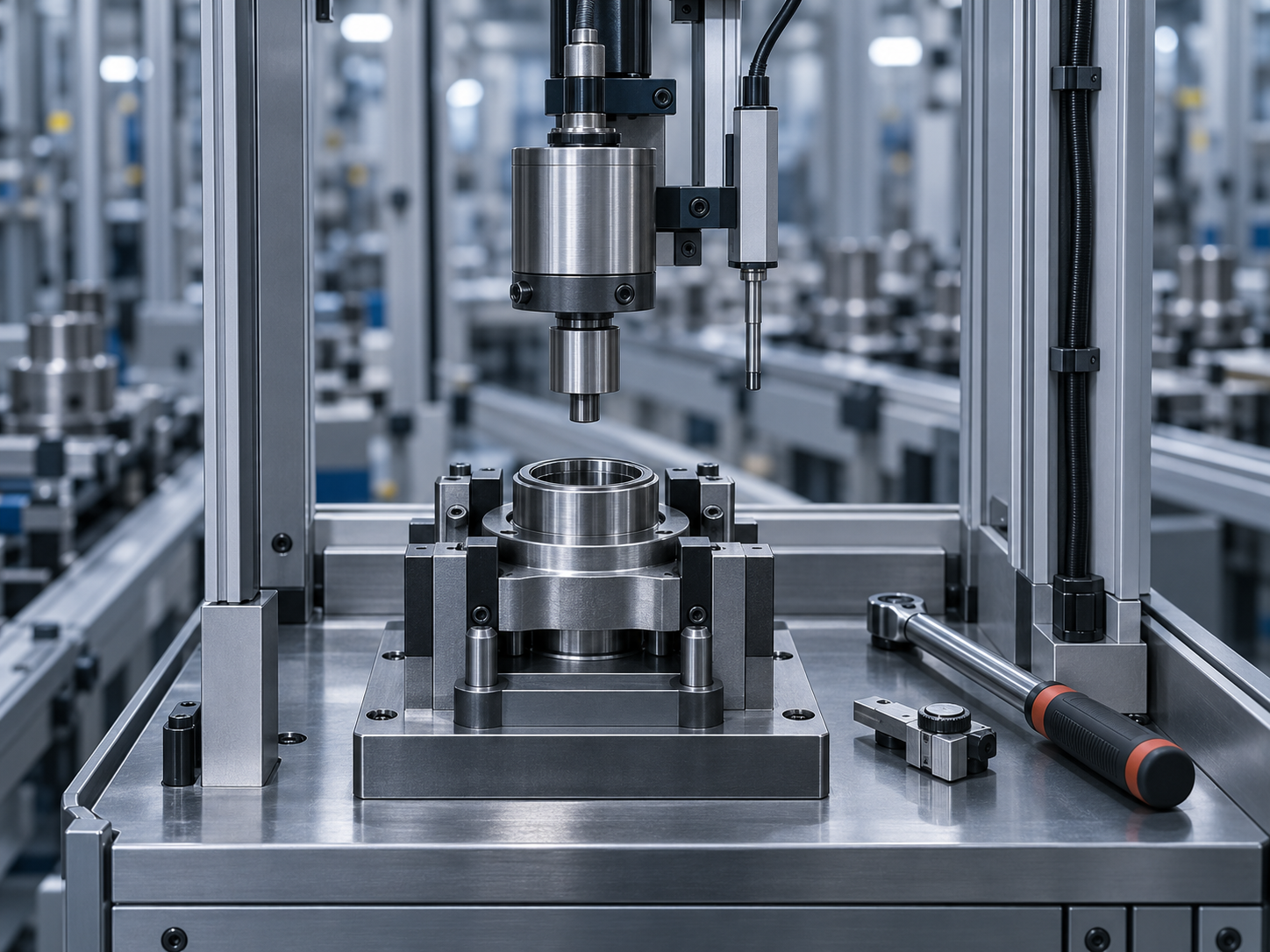 A press-fit cell with load cell and displacement sensor above a bearing-seat fixture, with a torque wrench and gauge on the machine ledge