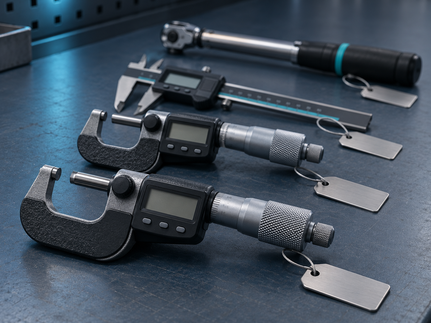 A neat row of precision measuring instruments laid out on a blue-slate workbench with blank asset tags, the calibration catalog being built