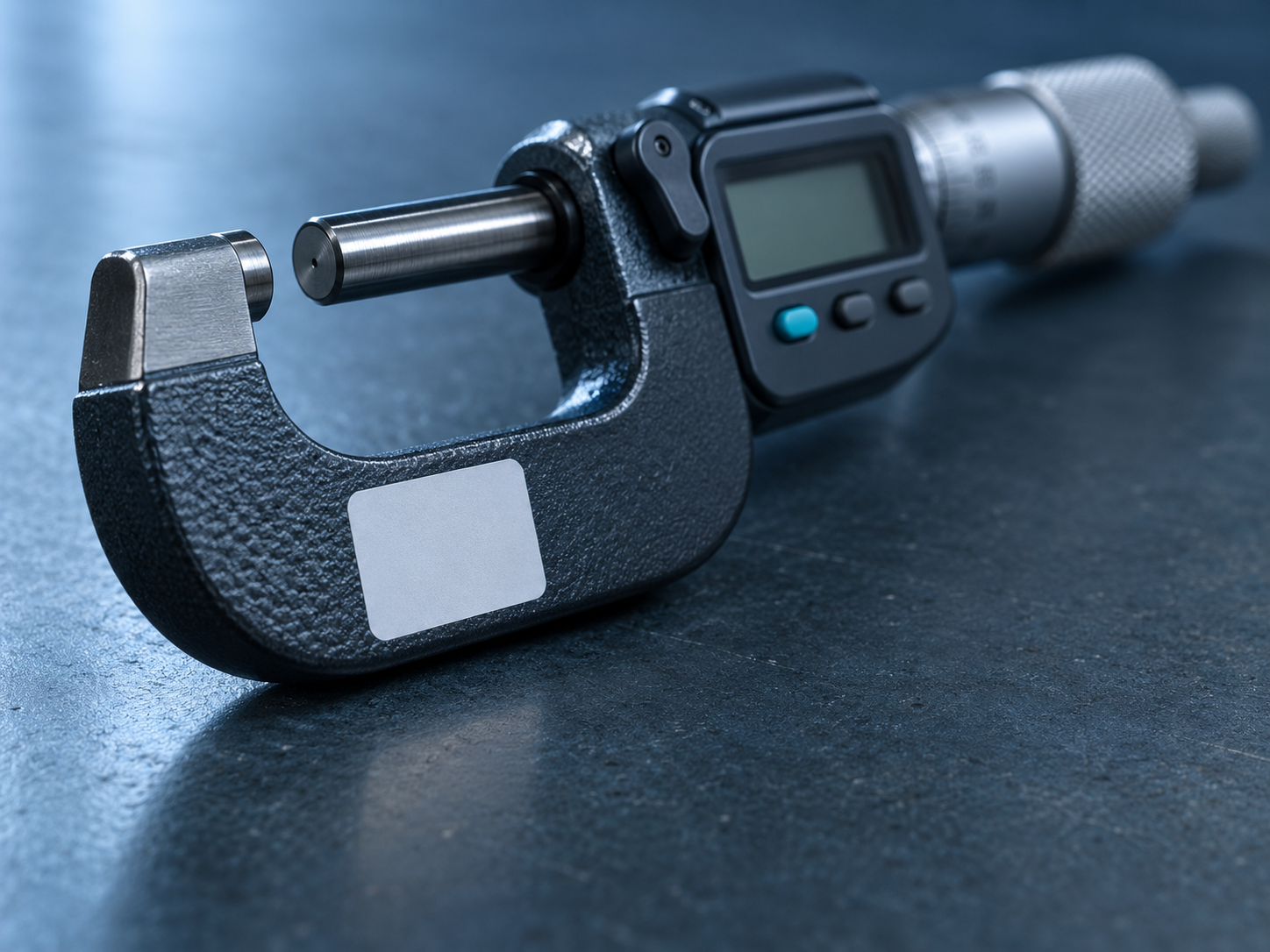 A single digital micrometer on a blue-slate bench with a blank calibration-status sticker on its frame, macro detail