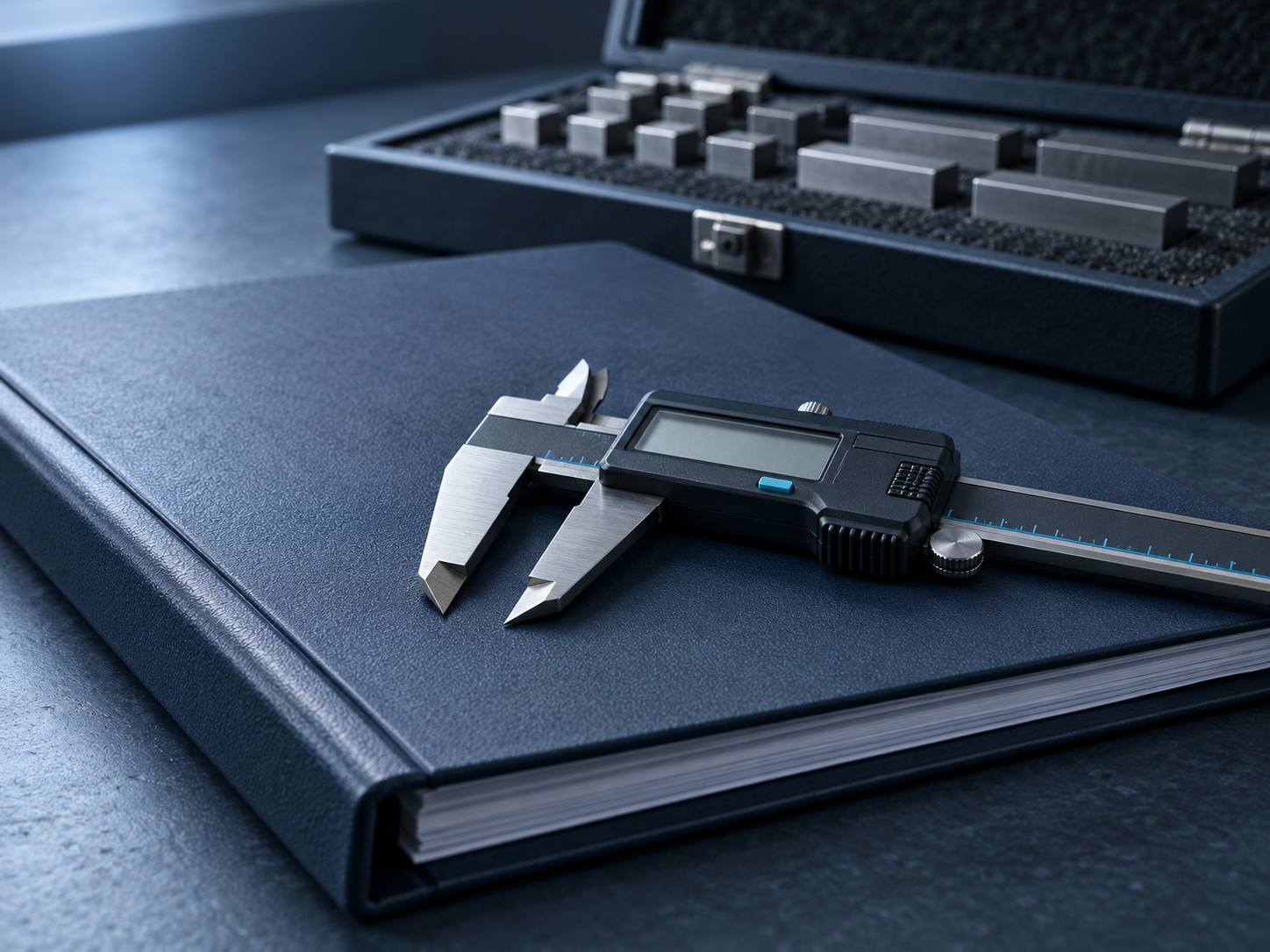 A document folder with a digital caliper resting across it beside an open gauge-block set, audit evidence assembled