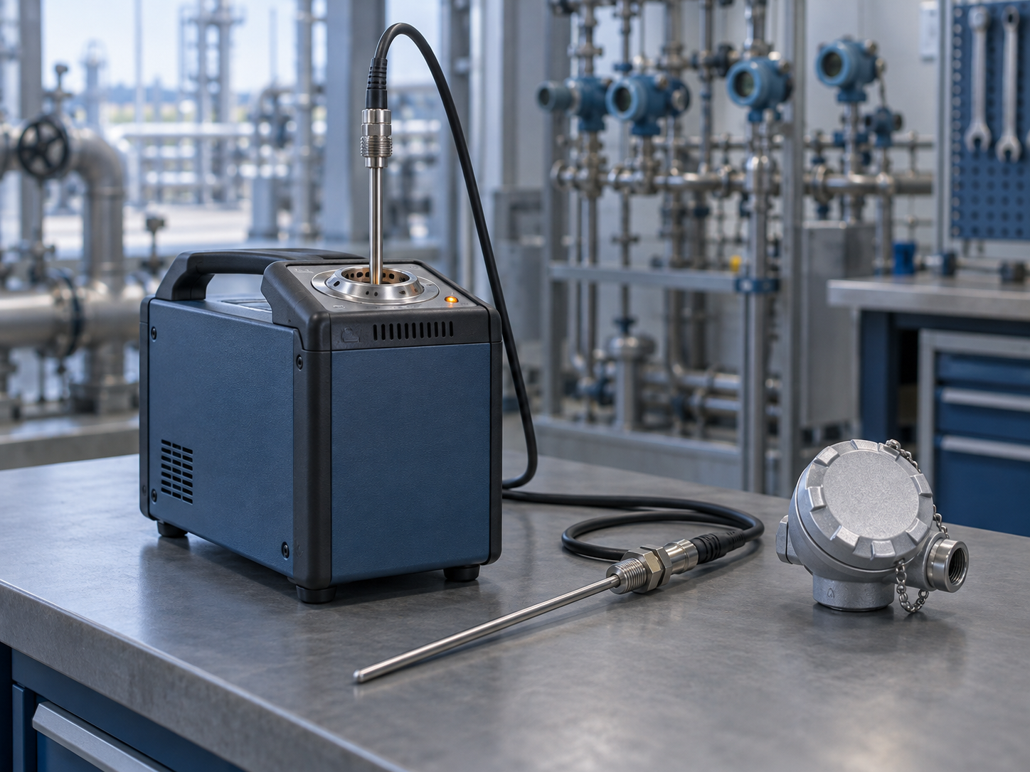 A temperature dry-block calibrator with a probe in the well, a second probe and a spare transmitter head on the bench