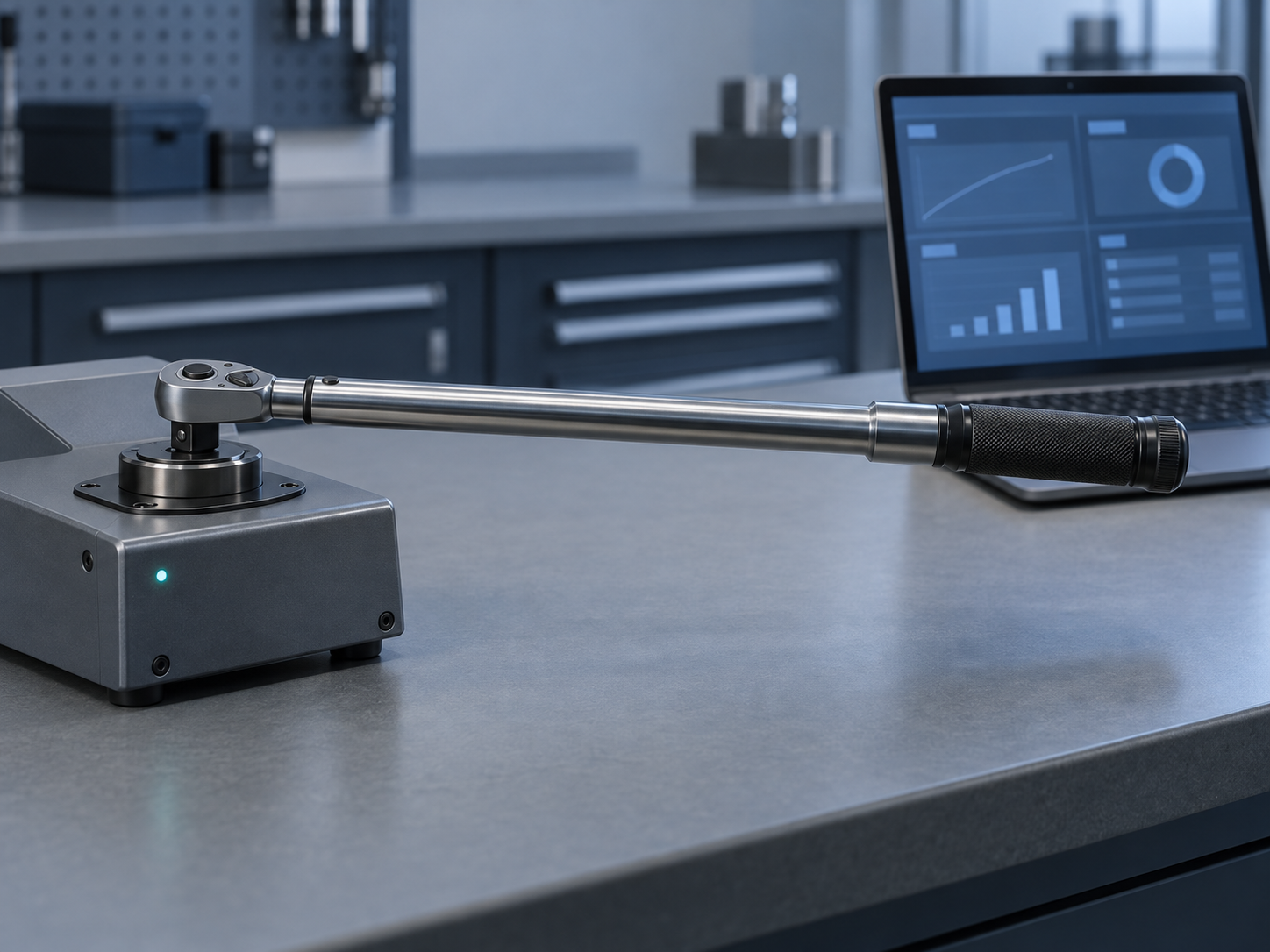 A click torque wrench clamped in a benchtop torque analyser beside a laptop showing an organised dashboard in a metrology room