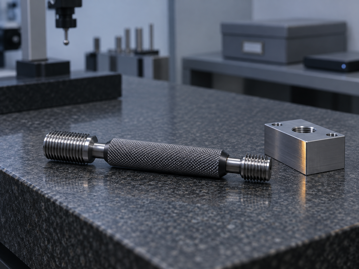 A double-ended thread plug gauge with GO and NO-GO ends lying on a granite surface plate next to a machined part